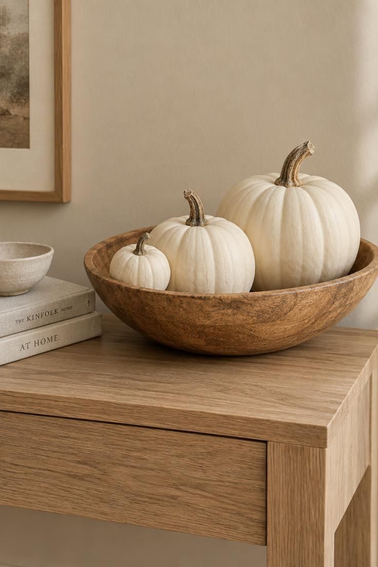 A shallow wide wood bowl on a light oak console holding three white pumpkins in graduated sizes, with neutral books and a small ceramic dish beside it against a beige wall.