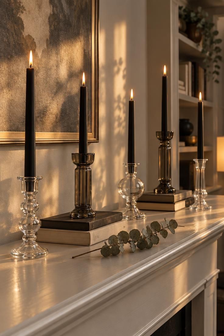 Five thin black taper candles in mismatched clear and smoke glass holders along a pale shelf, varying heights and wide gaps between them, with a dried eucalyptus stem in front under warm light.