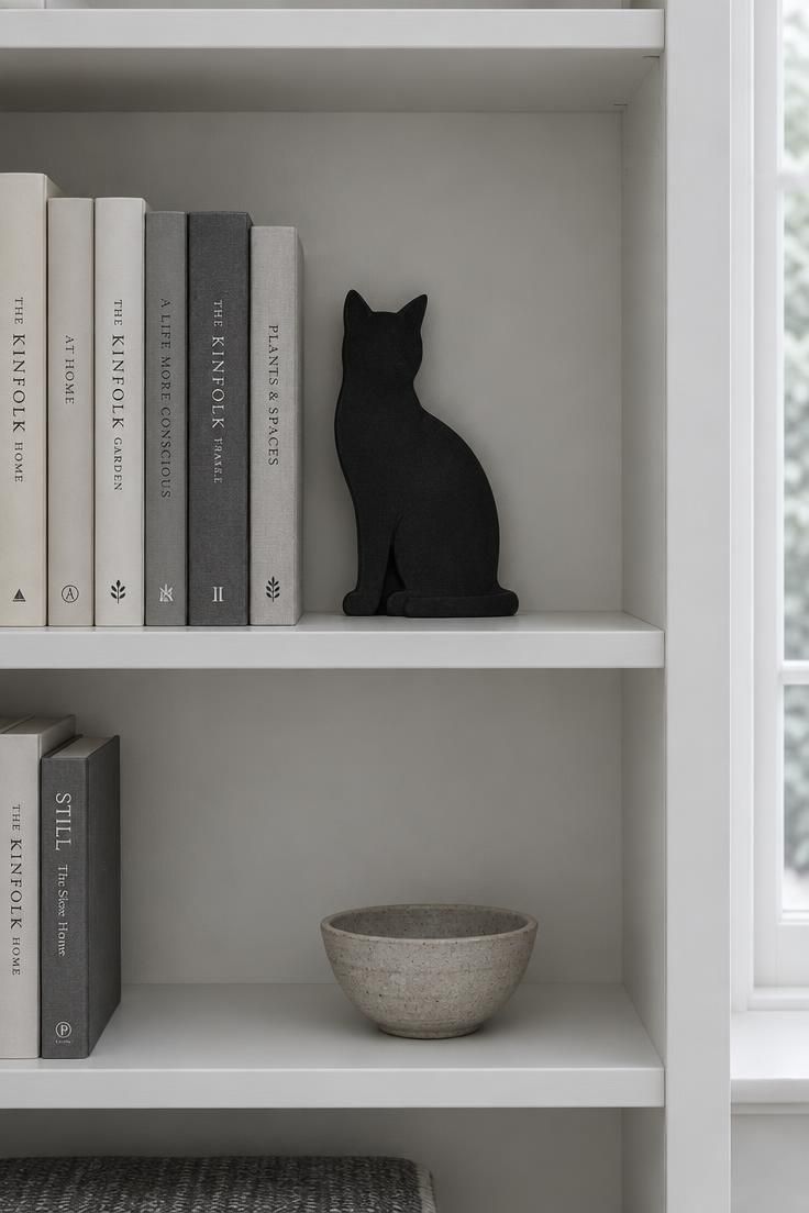 A matte black cat silhouette leaning against the back of a white bookshelf beside a short row of cream and gray books, with open shelf space around it.