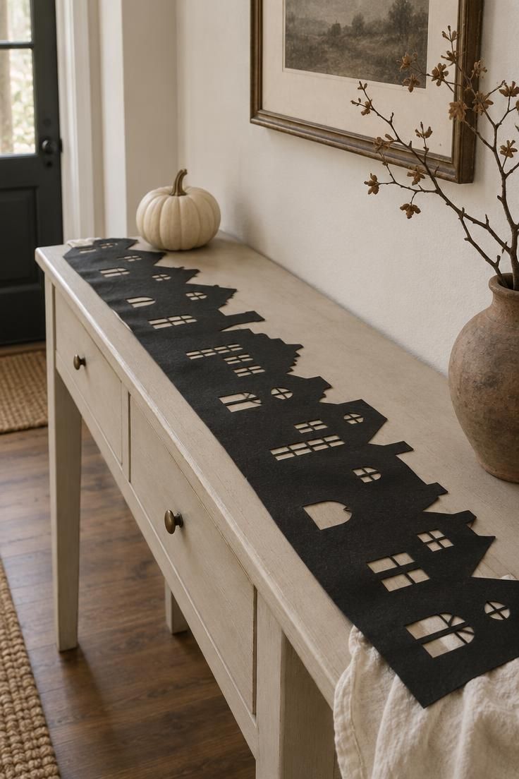 A pale entry console with a hand-cut black paper silhouette runner shaped like rooftops and arched windows, holding one small white pumpkin and a muted clay pot with a dry branch.