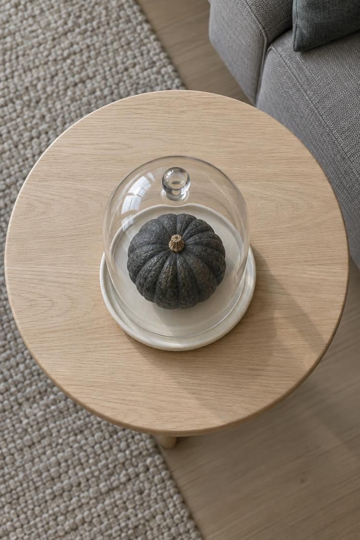 An overhead view of a dark charcoal gourd on a cream ceramic saucer under a clear glass cloche on a pale wood side table, with the rest of the table empty.