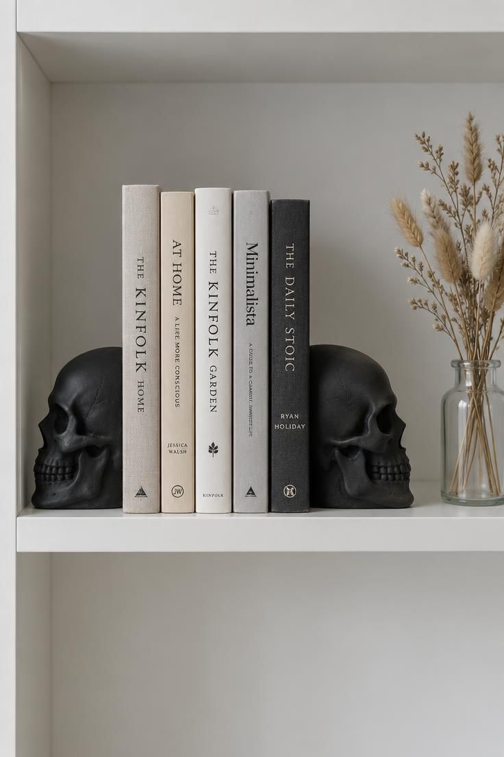 A row of beige and white books held between two matte black ceramic skull bookends on a white shelf, with a small glass jar of dried grasses at one end.