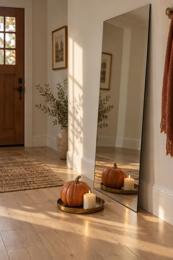 A tall unframed floor mirror against a white wall with a muted orange pumpkin and a cream pillar candle on a brass tray in front of the glass, the pumpkin reflected behind it.