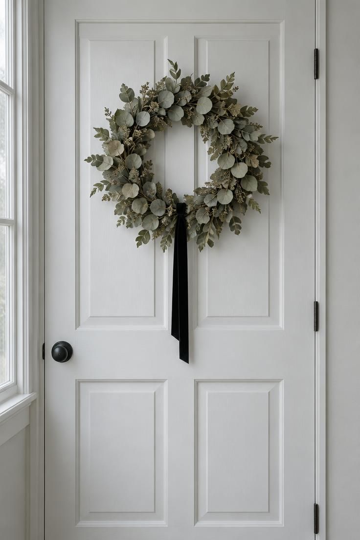 A dried eucalyptus wreath with a single thin black velvet ribbon hanging from its bottom edge on a plain white interior door, the wall around it bare.