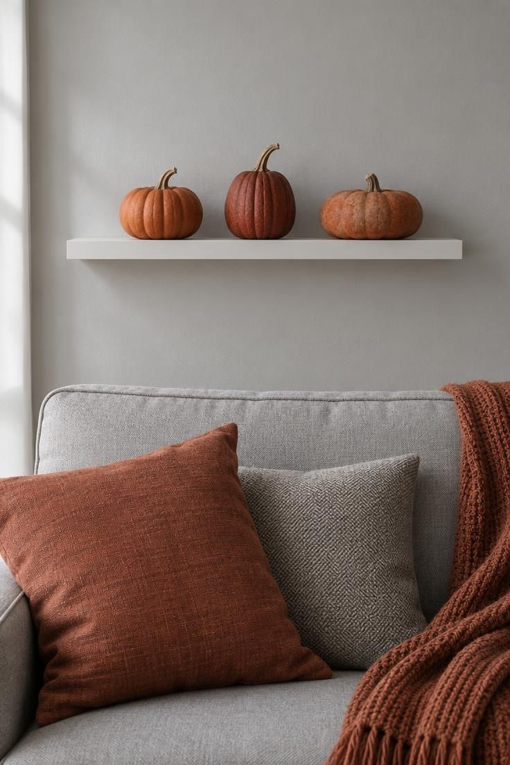 Three small pumpkins in muted orange and rust tones spaced along a narrow white floating shelf above a pale gray sofa, the shelf otherwise bare.