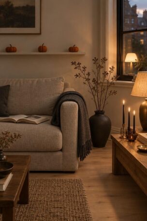 A calm evening living room corner with a low linen sofa and a folded wool throw, three small muted orange pumpkins on a narrow shelf above, lit black taper candles in mismatched glass holders on a side table, and a matte black vase of dried branches on the floor.