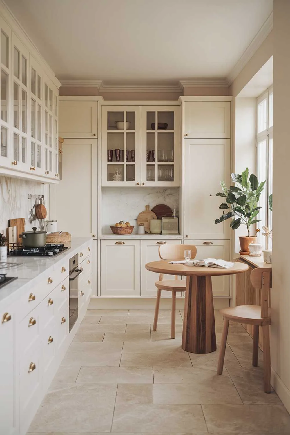 A cozy modern minimalist kitchen design. The kitchen has a white cabinetry and a marble countertop. There's a wooden dining table in the corner with two chairs. The floor is made of large beige tiles. There's a potted plant near the window. The walls are painted in a soft beige hue.