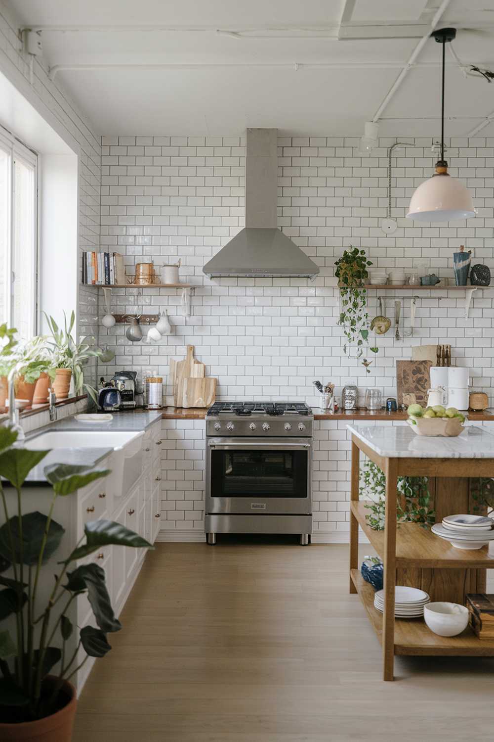 A cozy modern minimalist kitchen design. The kitchen has a subway tile backsplash, a stainless steel range hood, and a wooden island with a marble countertop. There are potted plants near the window and a few items on the wooden shelves. The floor is covered with a light wood.