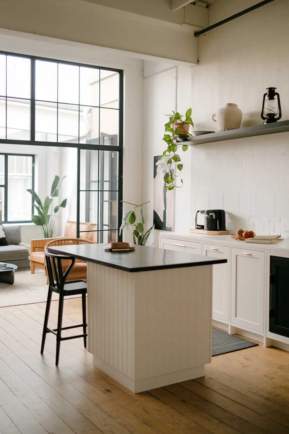 A modern minimalist kitchen design with a large window allowing natural light to fill the space. The kitchen features a white island with a black countertop, a white cabinet with a black door, and a white wall with a black shelf. There's a black chair near the island. The floor is made of wood. On the shelf, there's a white pot, a black lantern, and a green plant. The background reveals a living space with a sofa, a coffee table, and a potted plant.