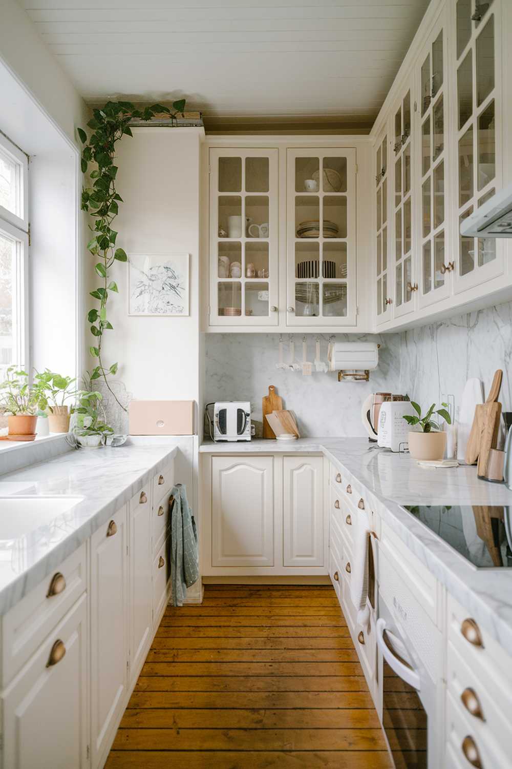  A modern minimalist kitchen design with white cabinets, a marble countertop, and a few appliances. There's a green plant near the window. The floor is made of wooden planks.