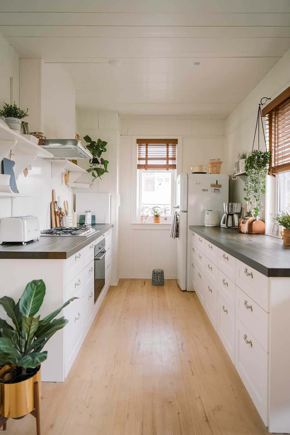 A modern minimalist kitchen design. The kitchen has a light wooden floor, white cabinets, and a dark countertop. There are a few appliances, including a stove, oven, and fridge. There are also a few items on the countertop, such as a toaster, kettle, and a plant. The walls are painted white. The room has a few elements of nature, with a potted plant near the fridge and a hanging plant near the window. The window has wooden blinds. The overall design is clean and functional.