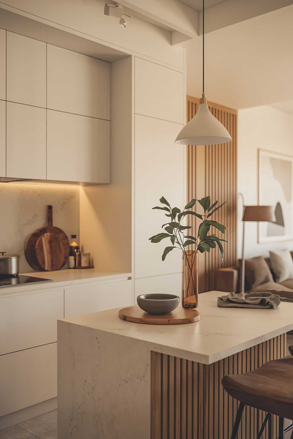 A modern minimalist kitchen design. The kitchen has a white and wood-tone color scheme. There are white cabinets and a wood-toned island with a few items, including a plant, a bowl, and a wooden board. The background reveals a living area with a sofa and a lamp. The lighting is warm.