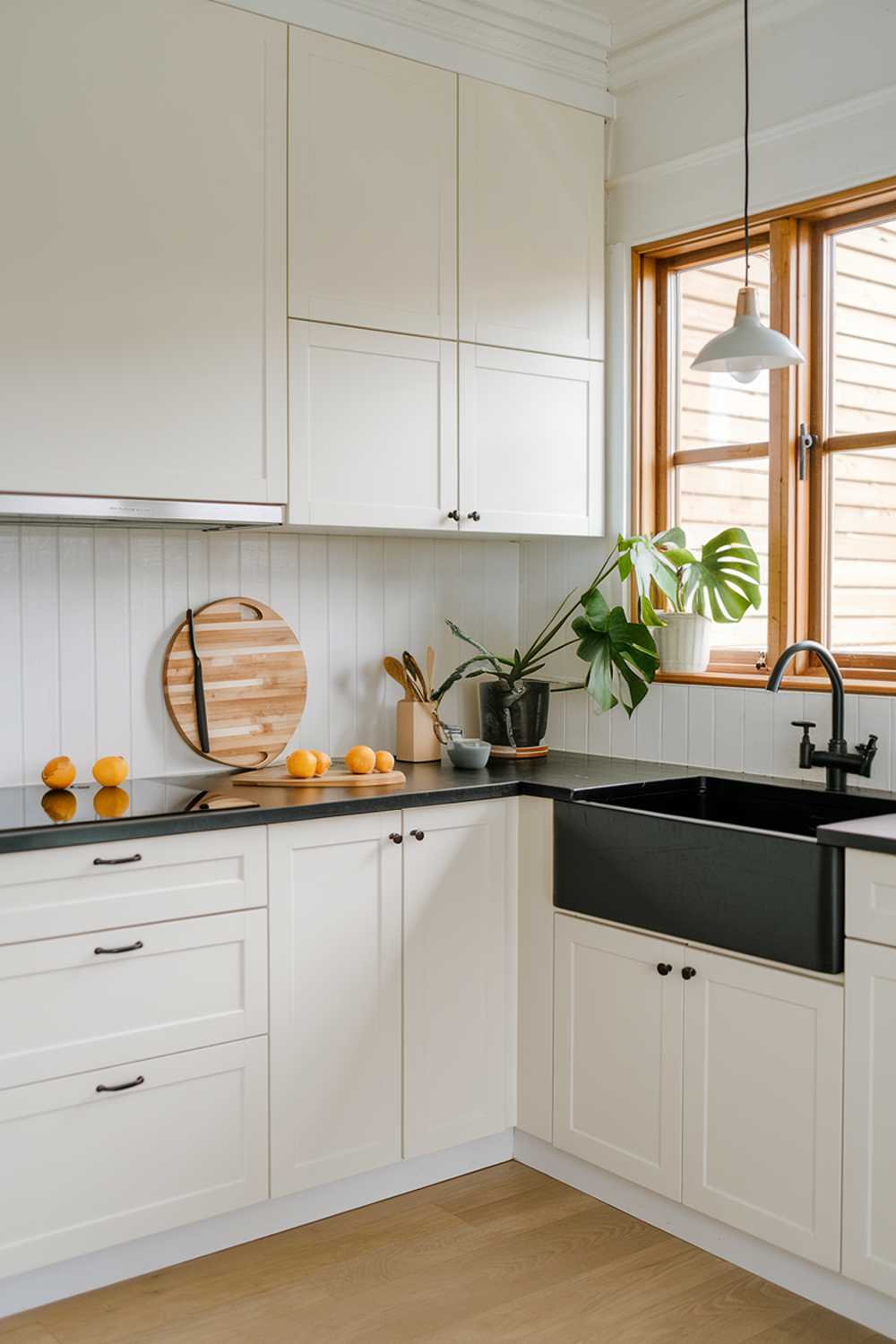 A modern minimalist kitchen with a white cabinets, black countertops, and a black sink. There is a green plant near the window. A wooden cutting board, a knife, and some citrus fruits are placed on the counter. A pendant lamp hangs over the sink. The floor is made of light wood. The kitchen has a window with wooden frames.