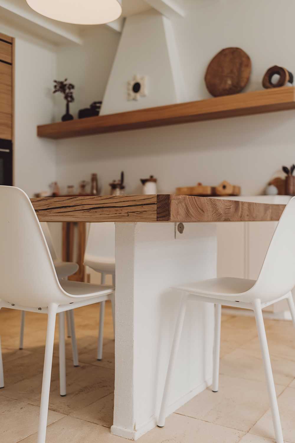 A cozy modern minimalist kitchen design. There's a white kitchen island with a wooden top, surrounded by white chairs. On the wall behind the island, there's a floating wooden shelf with a few decorative items. Above the shelf, there's a large, round, white light. The floor is covered with beige tiles.