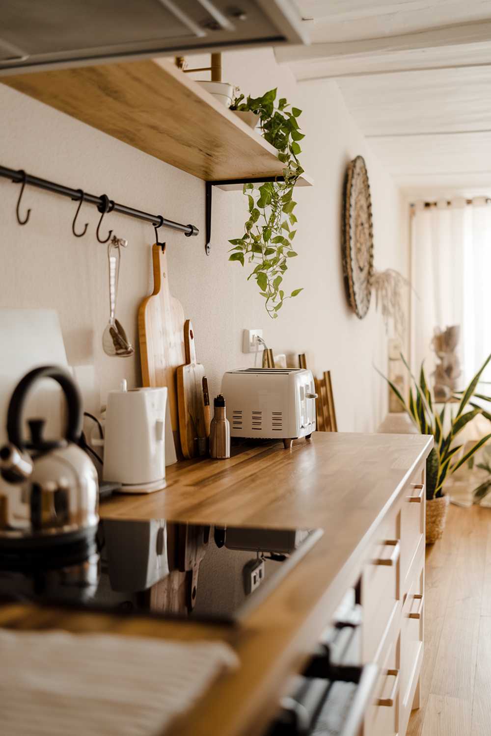 A cozy modern minimalist kitchen design. The kitchen has a wooden countertop and a few objects, including a kettle, a toaster, and a plant. There is a white wall with a few hooks and a decorative piece. The floor is made of light-colored wood. The overall image has warm lighting.