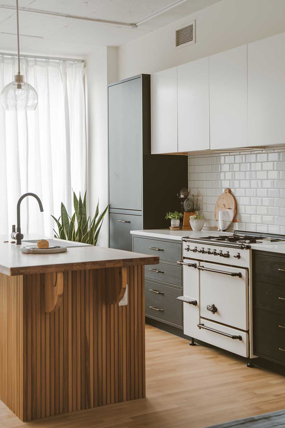 A modern minimalist kitchen design. The kitchen has a wooden island with a white countertop. There's a white stove with black knobs and a white sink with a black faucet. A black cabinet is placed against the wall, and a white wall cabinet is placed above the stove. There's a potted plant near the window. The floor is made of light wood