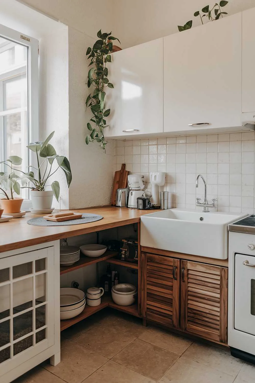 A modern minimalist kitchen design with a wooden countertop and a white sink. There's a plant near the window. There's a white cabinet above the sink and a wooden cabinet below the sink. The floor is covered with beige tiles.