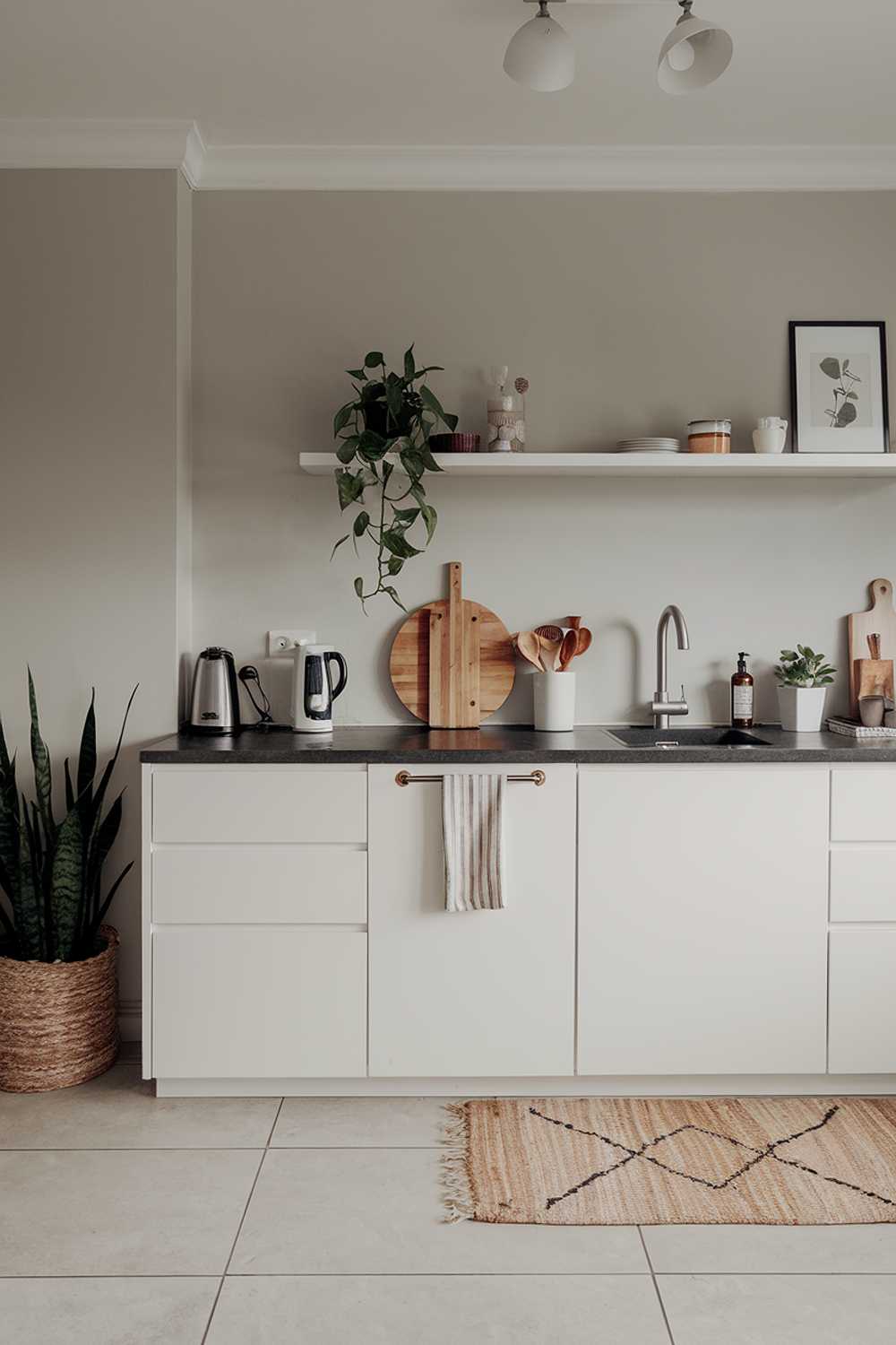 A modern minimalist kitchen design with a cozy atmosphere. The kitchen has a white cabinet, a black countertop, and a few kitchen appliances. There is a wooden cutting board and a few kitchen utensils on the counter. The floor is tiled, and there's a rug near the sink. The walls are painted in a light gray color. A potted plant is placed on the counter. The lighting in the room is soft.