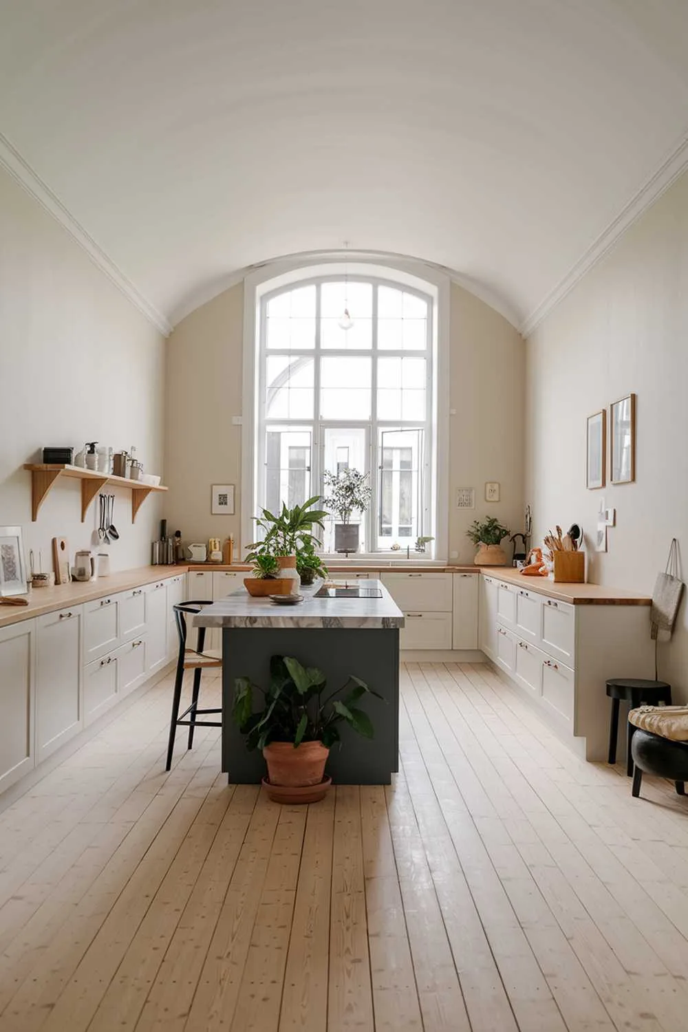 A modern minimalist cozy kitchen design. The kitchen has a light wooden floor, white cabinets, and a dark gray island. The island has a marble top and a few potted plants. There's a black chair at the island. The walls are painted beige. There's a large window near the ceiling letting in natural light. A few kitchen utensils are placed on the wooden shelf near the wall. The overall space is clean and inviting.