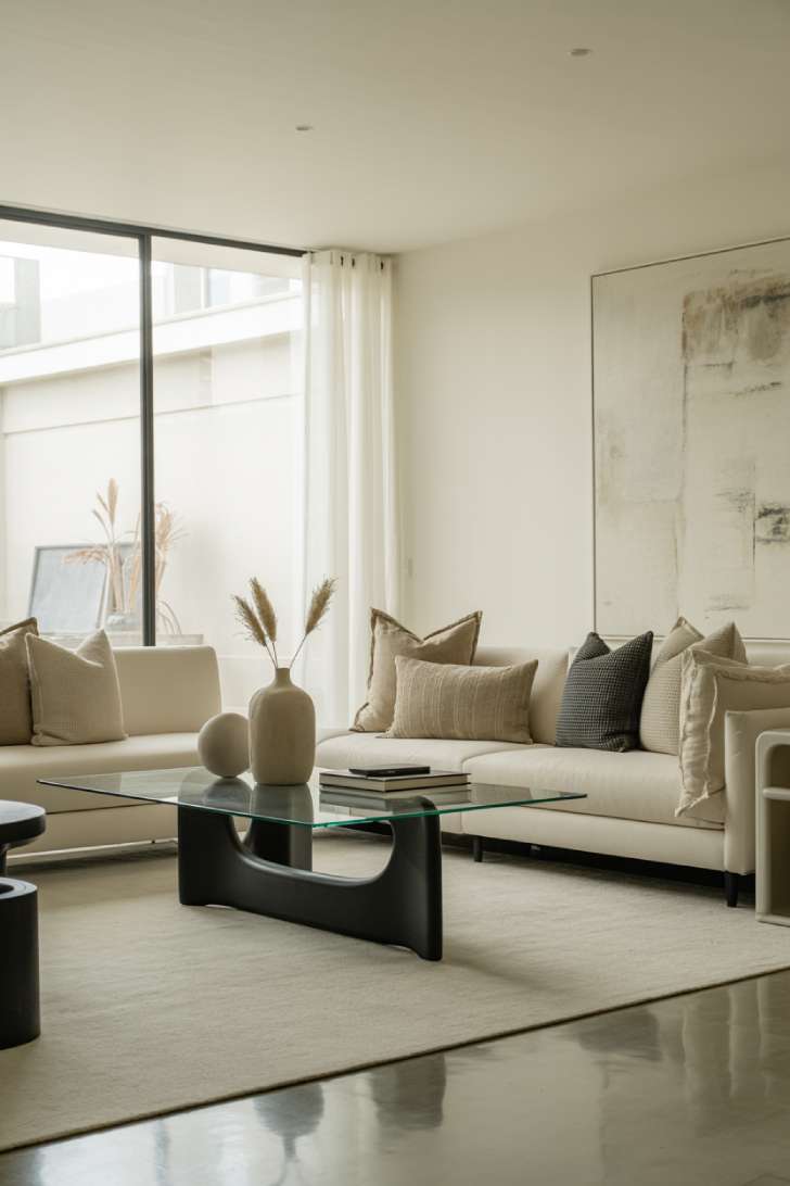 11 Gorgeous Modern Neutral Living Room Ideas for Ease 2 Bright modern neutral living room with floor-to-ceiling windows, abstract artwork focal point, and pampas grass in ceramic vase