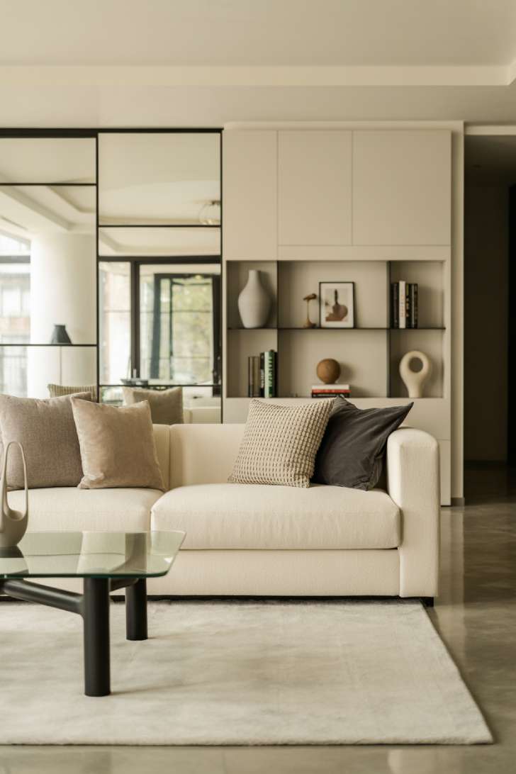 11 Gorgeous Modern Neutral Living Room Ideas for Ease 3 Modern neutral living room with black metal glass coffee table, minimalist wall unit, pendant fixtures, and ivory area rug