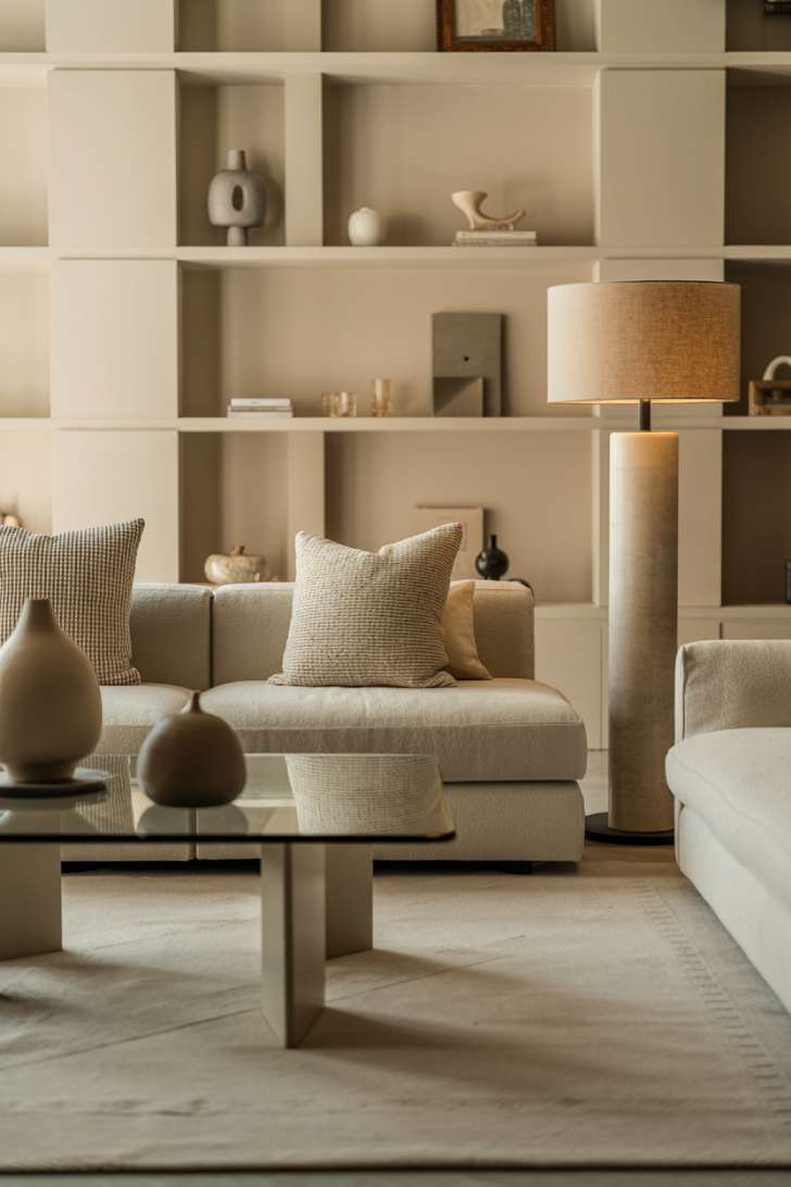 11 Gorgeous Modern Neutral Living Room Ideas for Ease 4 Sophisticated neutral living room with geometric coffee table legs, floating shelves, linen floor lamp, and warm ambient lighting