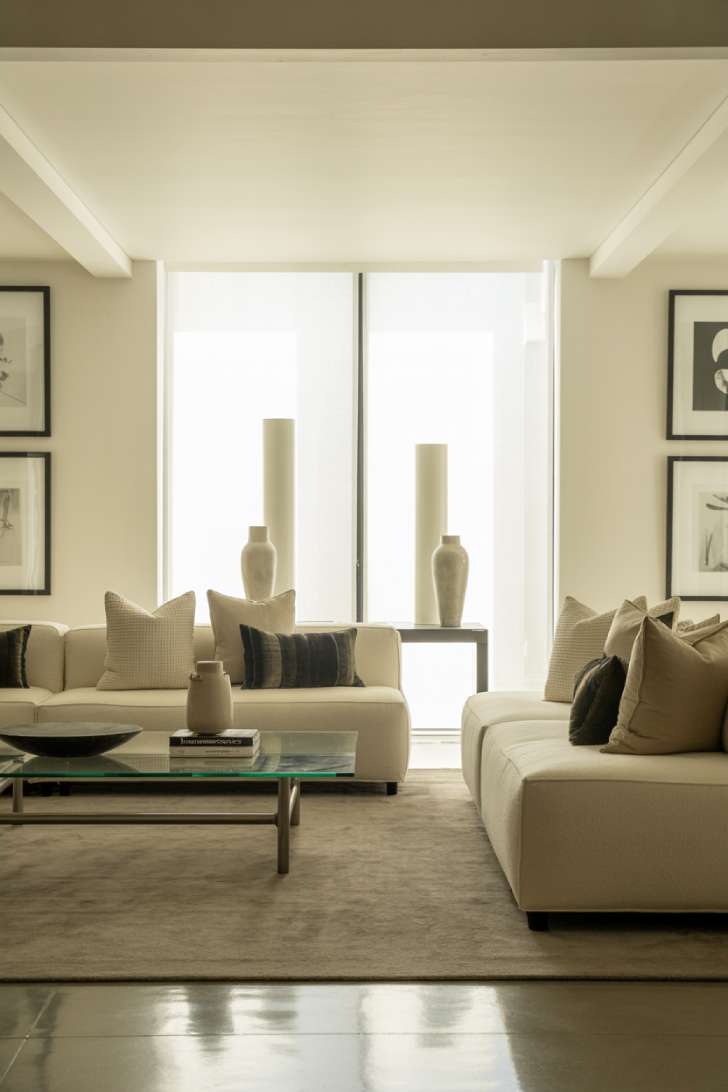 11 Gorgeous Modern Neutral Living Room Ideas for Ease 6 Modern neutral living room with black-framed minimalist artwork, metallic-legged coffee table, taupe area rug, and sculptural ceramic accessories