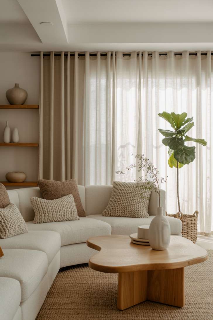 11 Gorgeous Modern Neutral Living Room Ideas for Ease 7 Organic modern living room with chunky knit pillows, curved oak coffee table, linen curtains, fiddle leaf fig, and jute area rug
