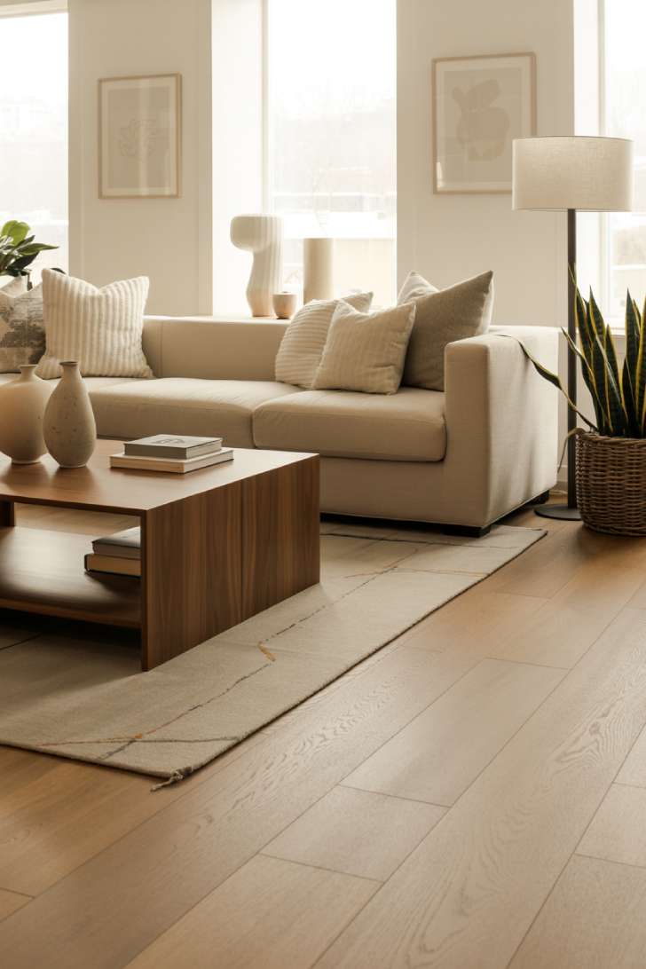 11 Gorgeous Modern Neutral Living Room Ideas for Ease 9 Cozy modern neutral living room with beige sectional, oak hardwood floors, linen floor lamp, geometric area rug, and woven plant baskets