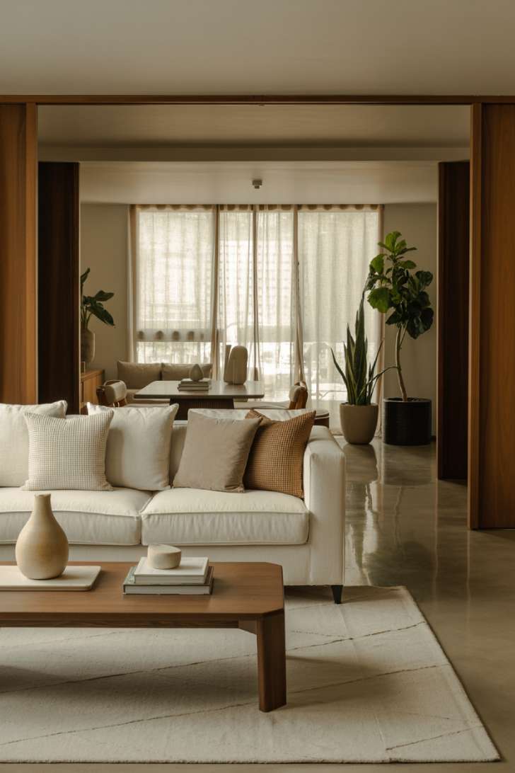 11 Gorgeous Modern Neutral Living Room Ideas for Ease 10 Cozy modern neutral living room with warm wood accent wall, sheer linen curtains, fiddle leaf fig, geometric area rug, and ceramic decor