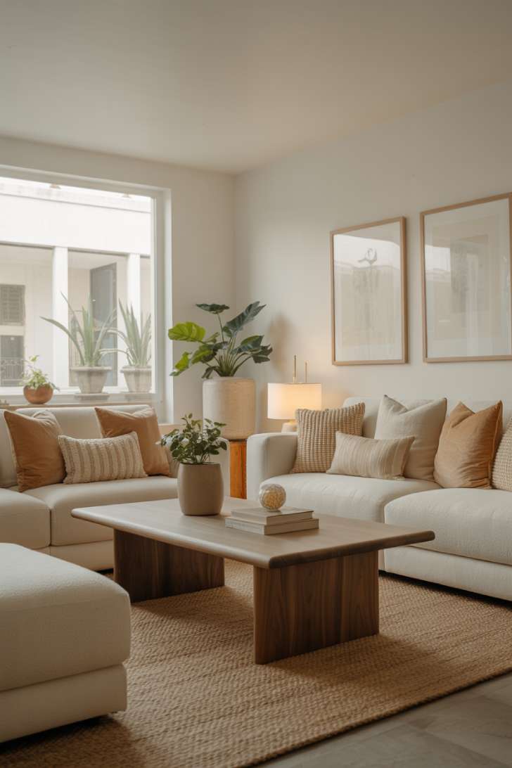 11 Gorgeous Modern Neutral Living Room Ideas for Ease 11 Modern neutral living room with warm off-white walls, jute area rug, wood-framed minimalist artwork, and ambient table lamp lighting