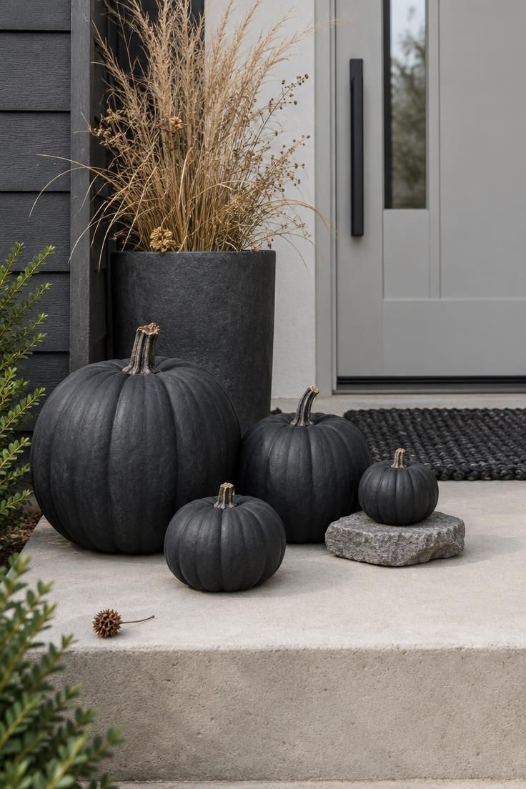 13 Modern Outdoor Halloween Decor Ideas for Chic Yards 1 Matte black pumpkins in graduated sizes clustered on a bone-colored concrete step beside a charcoal planter of dried grasses and a pale gray door.