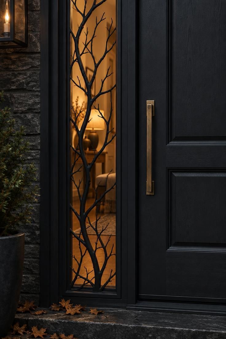 13 Modern Outdoor Halloween Decor Ideas for Chic Yards 2 A black branch cutout against a warm amber sidelight window beside a dark front door, with dried leaves on the threshold.