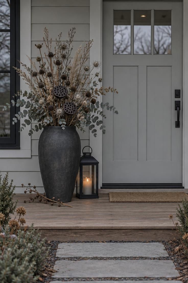 13 Modern Outdoor Halloween Decor Ideas for Chic Yards 3 A charcoal urn filled with dark dried stems and seed heads on a wood porch beside a pale gray door and a matte black lantern.