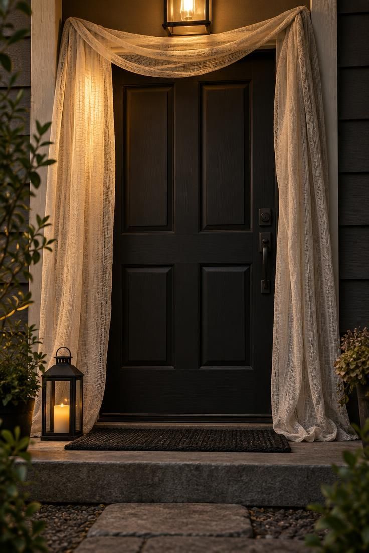 13 Modern Outdoor Halloween Decor Ideas for Chic Yards 4 Off-white gauze draped over the top corners of a black front door, with a single dark lantern on the step and warm porch light on the fabric.
