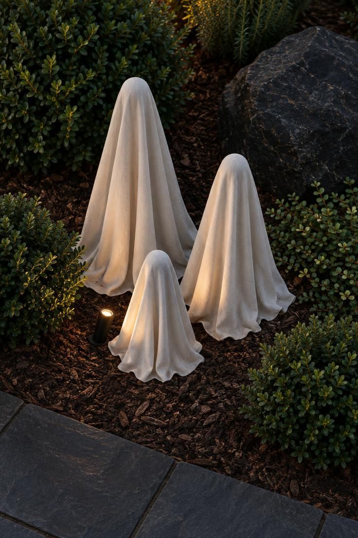 13 Modern Outdoor Halloween Decor Ideas for Chic Yards 5 Three draped white ghost forms in graduated heights standing among low shrubs and a black stone in a mulched front bed.