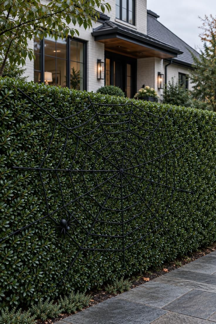 13 Modern Outdoor Halloween Decor Ideas for Chic Yards 6 A large matte black rope spiderweb stretched across a front hedge with a small black spider at the lower left.