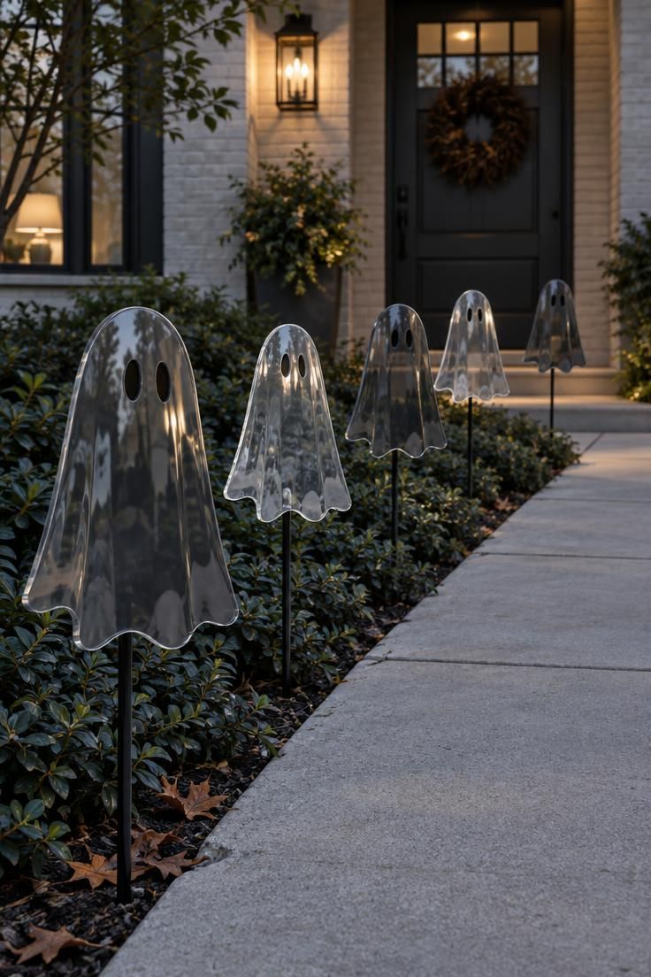 13 Modern Outdoor Halloween Decor Ideas for Chic Yards 7 Reflective acrylic ghost shapes on slim black stakes lining a pale concrete front walk at dusk.