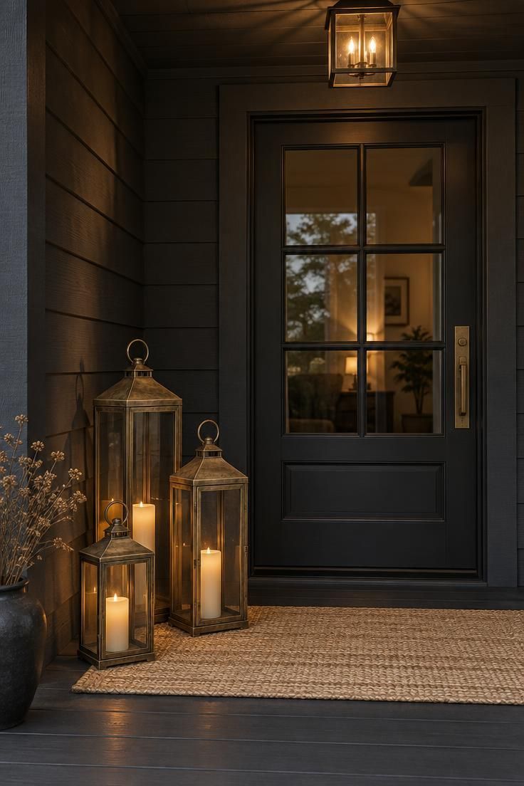 13 Modern Outdoor Halloween Decor Ideas for Chic Yards 8 Three aged brass lanterns of different heights glowing with LED candles on a charcoal porch beside a pale woven mat.