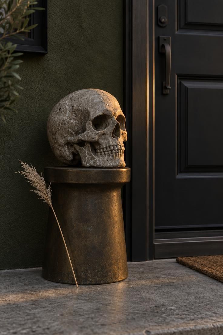 13 Modern Outdoor Halloween Decor Ideas for Chic Yards 9 A weathered concrete skull on a low bronze pedestal beside a matte black front door and dark olive wall.