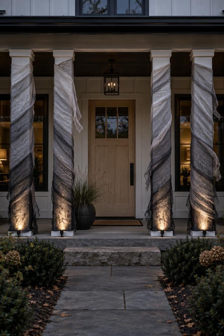 13 Modern Outdoor Halloween Decor Ideas for Chic Yards 10 Gray mesh fabric wrapped around four modern farmhouse porch columns with soft uplighting between them at dusk.