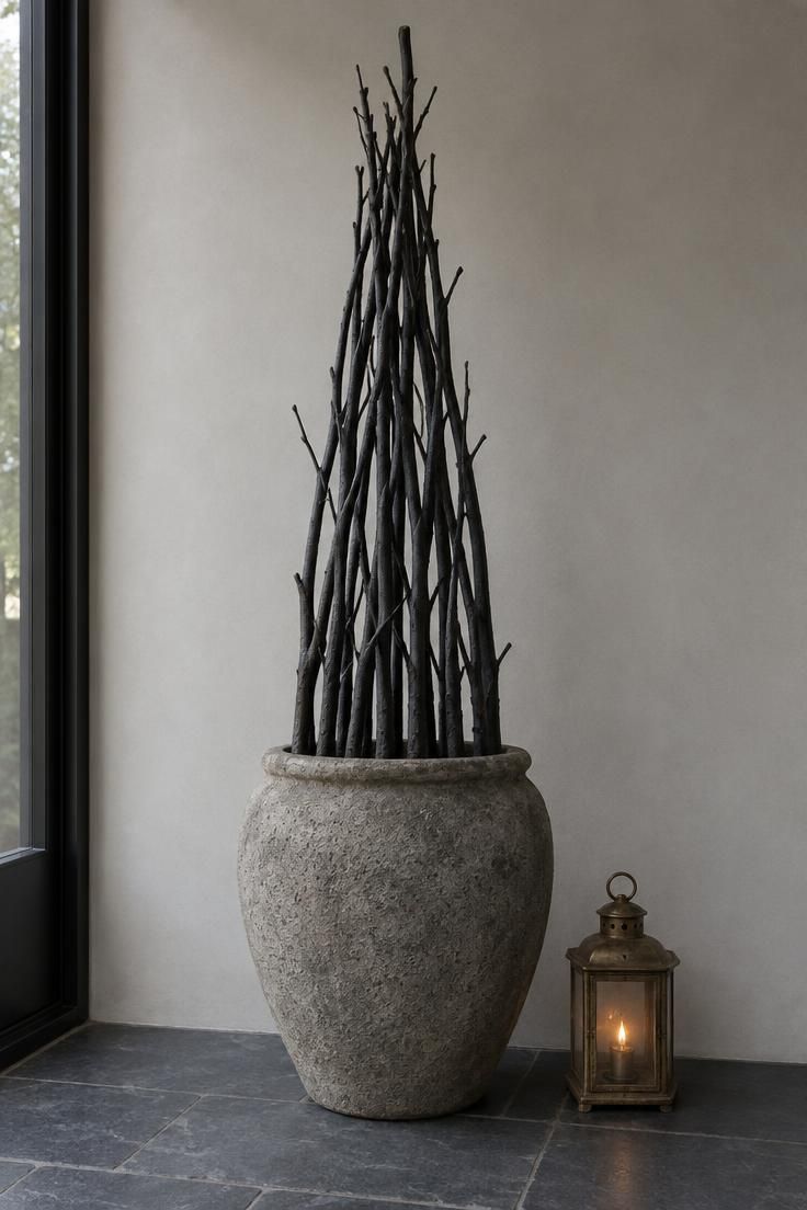 13 Modern Outdoor Halloween Decor Ideas for Chic Yards 11 Dark painted branches rising in a tapered obelisk shape from a large cement urn with a brass lantern at the base.