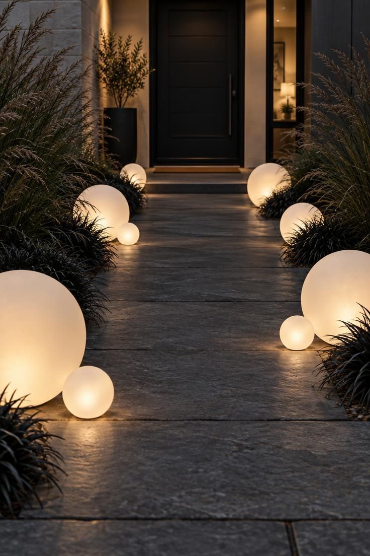13 Modern Outdoor Halloween Decor Ideas for Chic Yards 12 Frosted acrylic orbs glowing with warm white LED light line a dark stone front walk at dusk, with black ornamental grasses behind them.