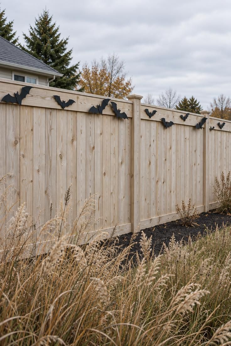 13 Modern Outdoor Halloween Decor Ideas for Chic Yards 13 Black bat shapes spaced irregularly along the top rail of a pale wooden fence with dried grasses in the foreground.
