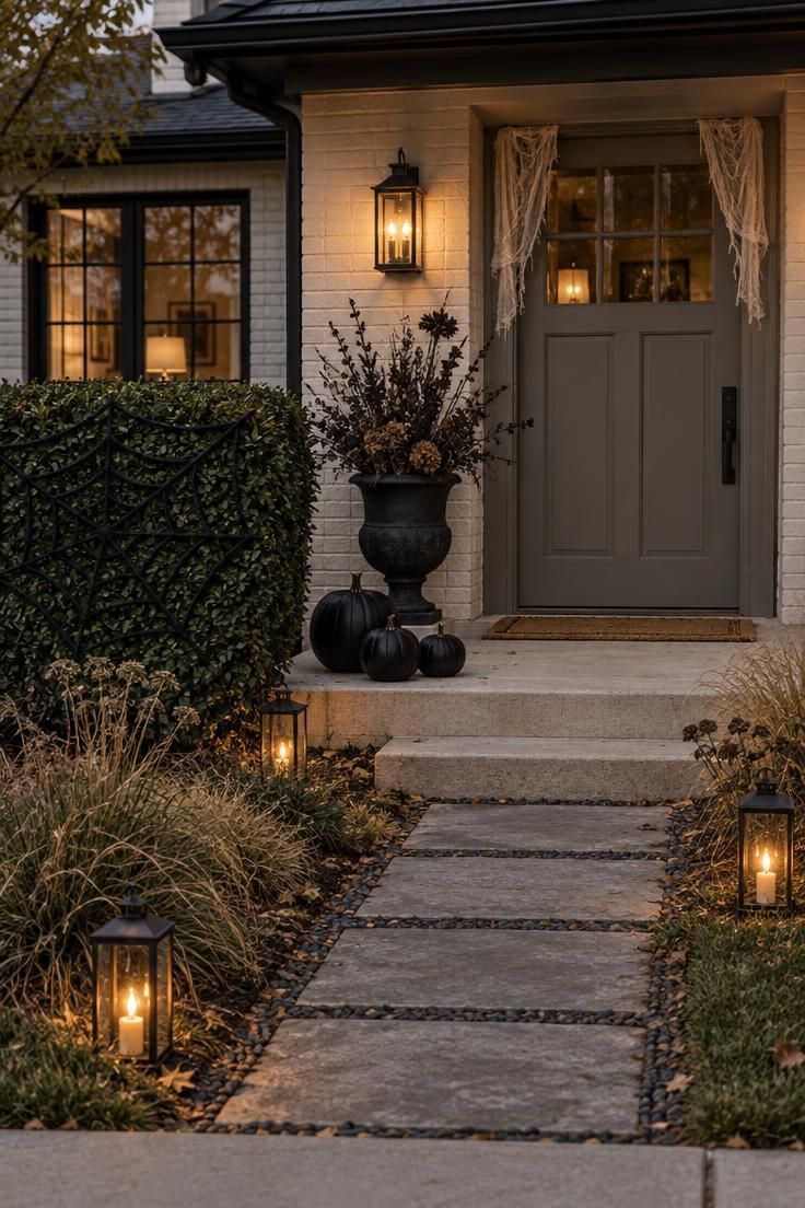 Simple Spaces 22 A modern home at dusk with matte black pumpkins on a bone step, a charcoal urn of dried stems, a rope spiderweb across the hedge, and warm lantern light along the walkway.