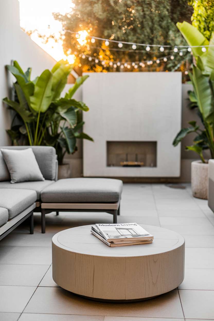 22 Stunning Modern Patio Design Ideas to Inspire You 1 Modern patio with gray sectional sofa, round coffee table, fairy lights, and outdoor fireplace