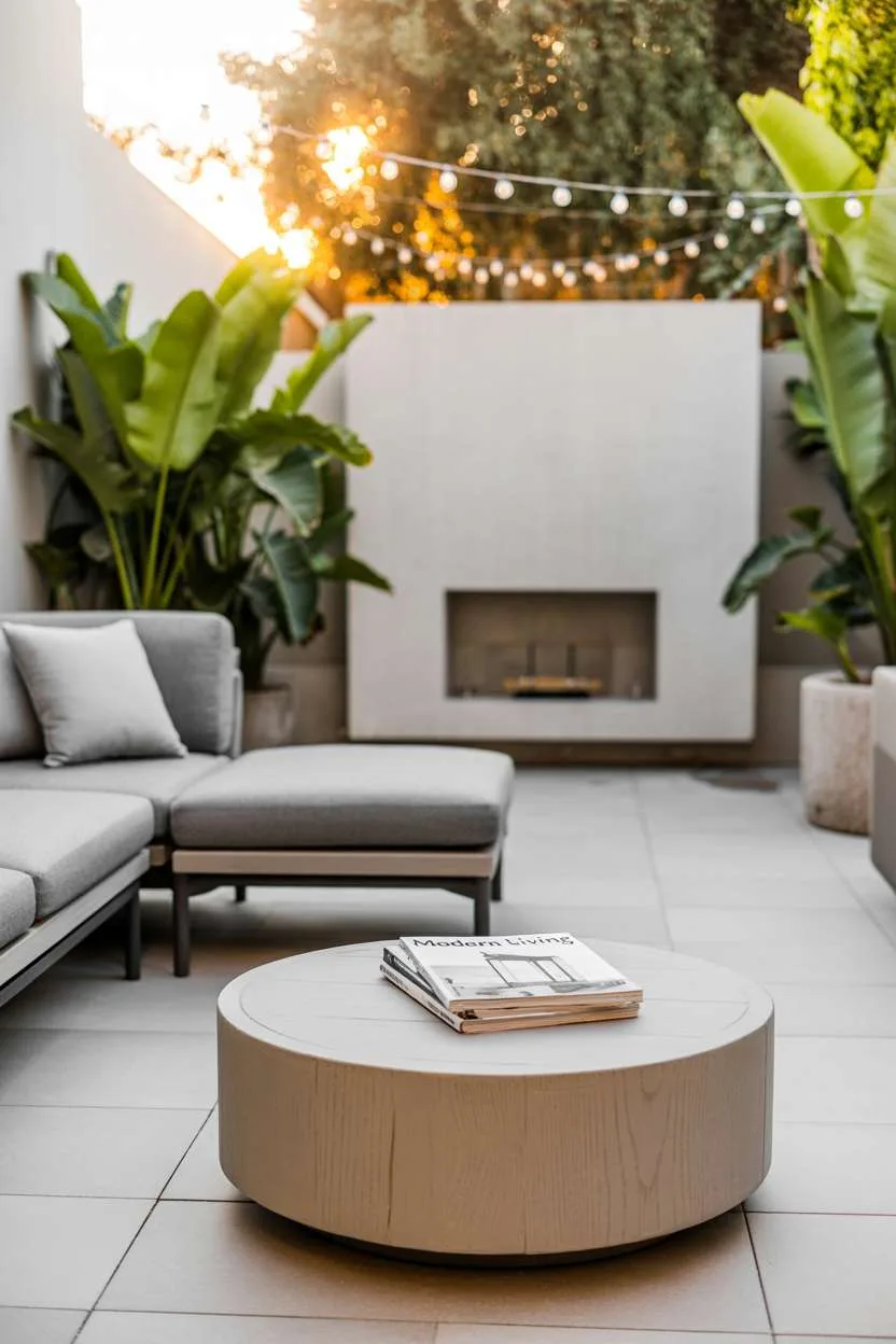 22 Stunning Modern Patio Design Ideas to Inspire You 1 Modern patio with gray sectional sofa, round coffee table, fairy lights, and outdoor fireplace