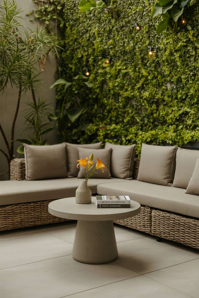 22 Stunning Modern Patio Design Ideas to Inspire You 2 Woven gray sectional sofa with concrete table, orange lilies, and green living wall backdrop