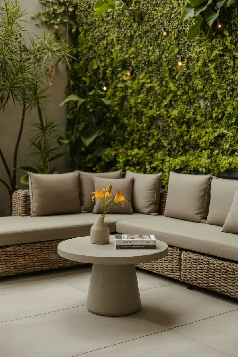 22 Stunning Modern Patio Design Ideas to Inspire You 2 Woven gray sectional sofa with concrete table, orange lilies, and green living wall backdrop