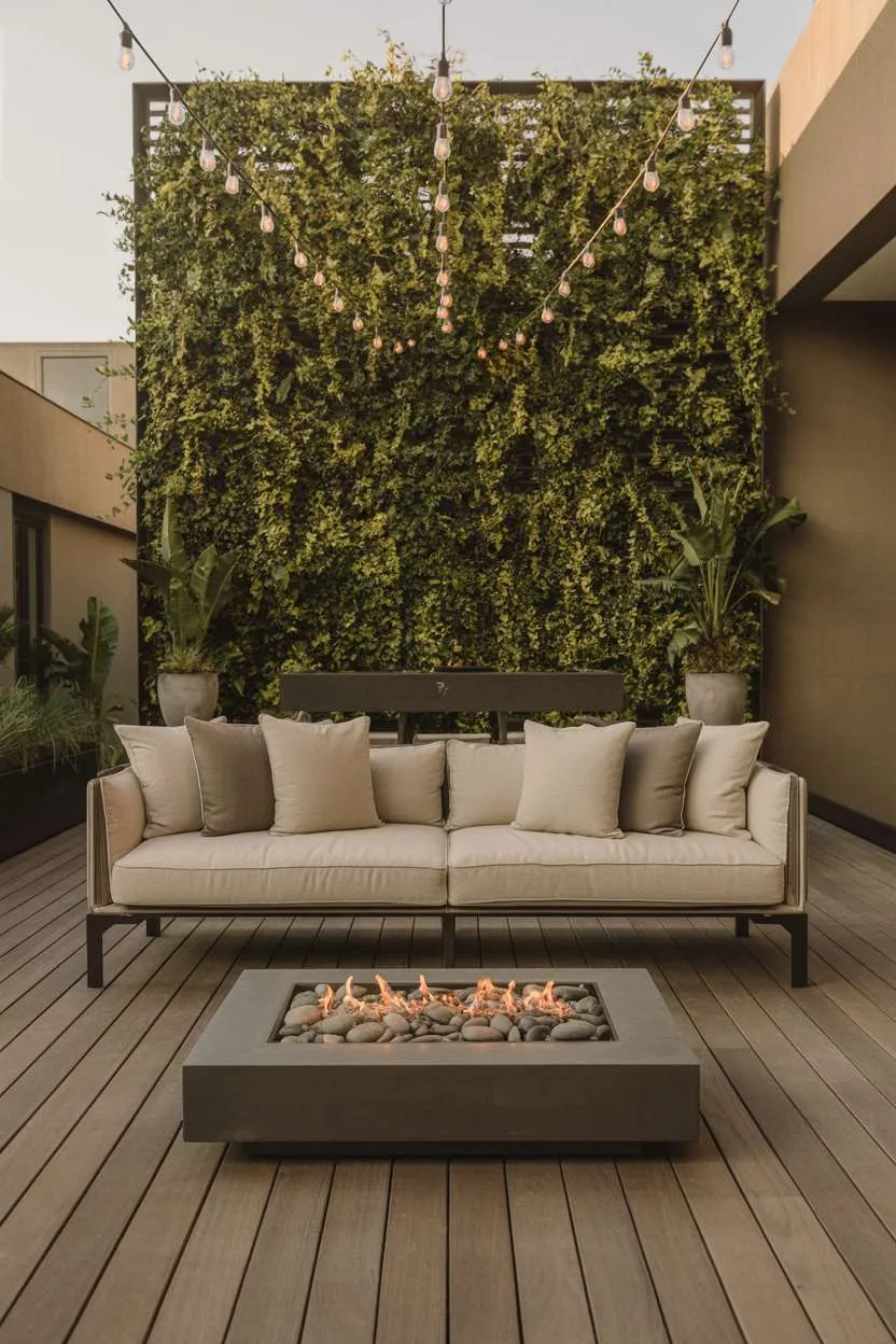 22 Stunning Modern Patio Design Ideas to Inspire You 3 Linen sofa on weathered wood deck facing modern gas fire pit with living wall backdrop